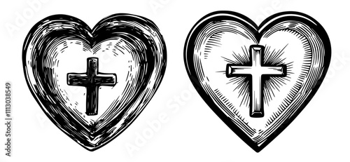 set of christian heart illustrations with cross designs – black vector