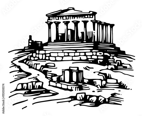 historic temple and ruins in monochrome sketch black vector design