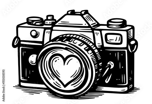 camera with heart-shaped lens in detailed sketch style black vector