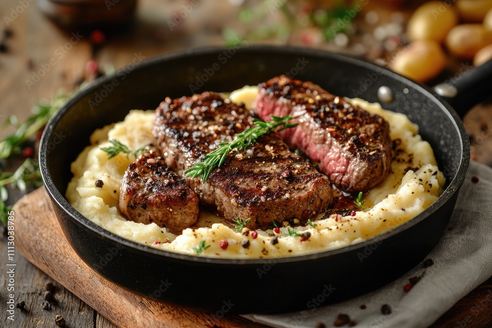 Grilled striploin steaks with mashed potatoes and spices in cast iron pan Grilled striploin steaks with mashed potatoes and spices in cast iron pan