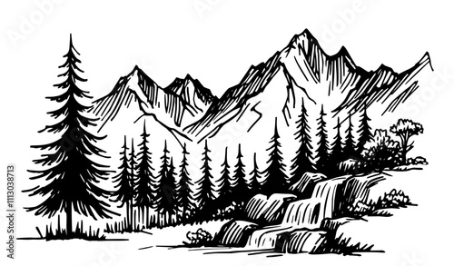 detailed mountain peaks and pine forest in black vector drawing