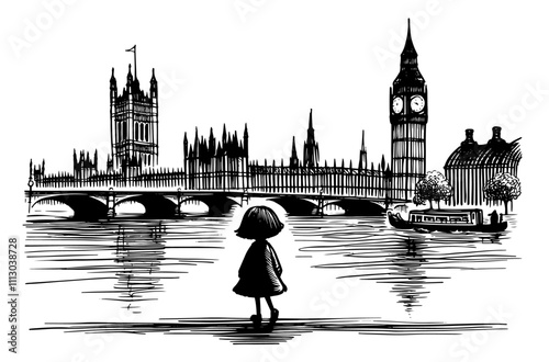 london cityscape  in hand-drawn monochrome sketch black vector art