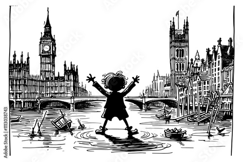 london cityscape  in hand-drawn monochrome sketch black vector art