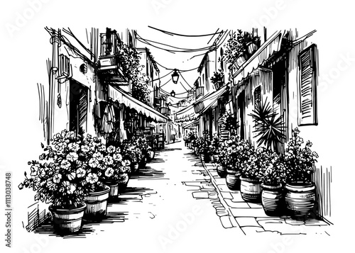 picturesque old town street with balconies and flowers black vector design