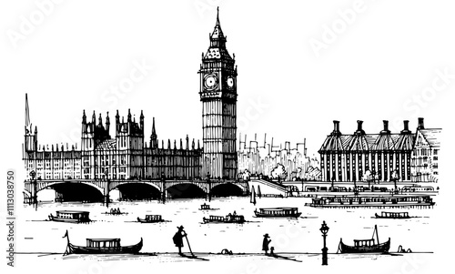 london cityscape  in hand-drawn monochrome sketch black vector art