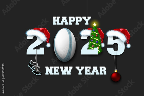 Happy new year. 2025 with rugby ball. Numbers in Christmas hats with rugby boot and Christmas tree ball. Original template design for greeting card. Vector illustration on isolated background