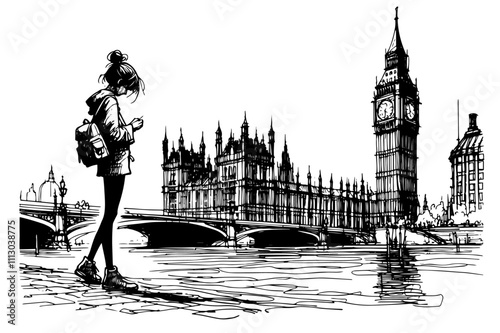 london cityscape  in hand-drawn monochrome sketch black vector art