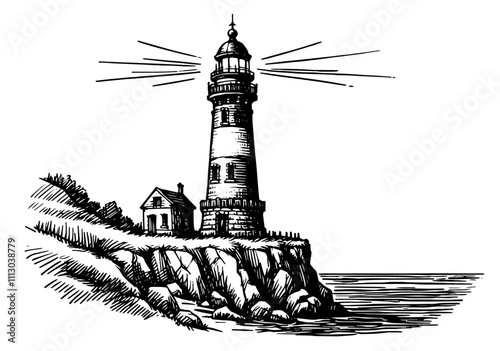 coastal lighthouse with vintage sketch style