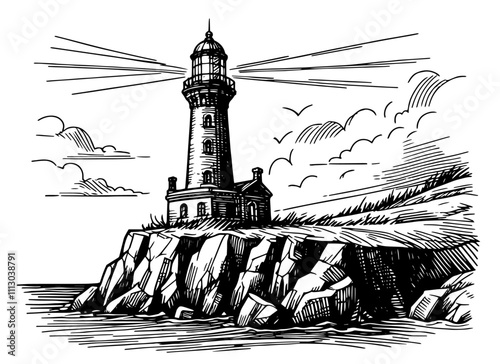 artistic lighthouse on a rocky cliff illustration 