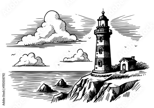 artistic lighthouse on a rocky cliff illustration 