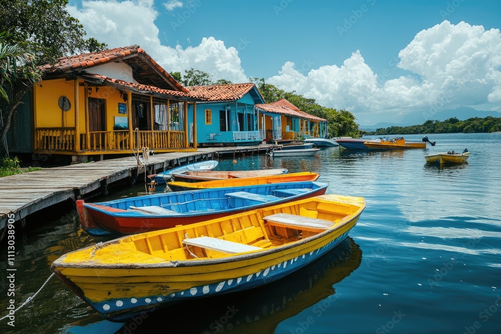 Colorful wooden boats docked near vibrant stilt houses in a tropical lagoon Colorful wooden boats docked near vibrant stilt houses in a tropical lagoon