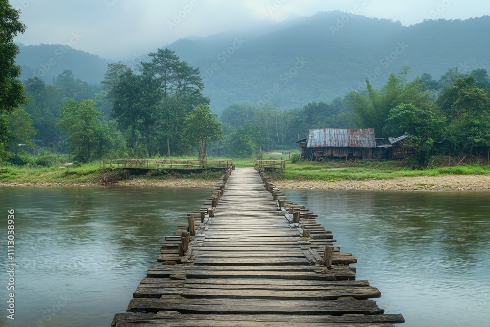 Fototapeta premium Wooden bridge crossing calm river in lush green landscape