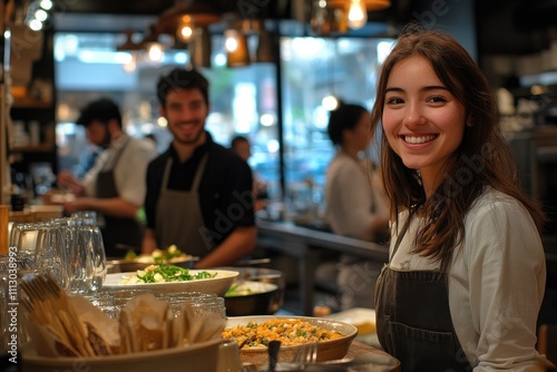 Smiling waitress working in restaurant kitchen with colleagues preparing healthy food