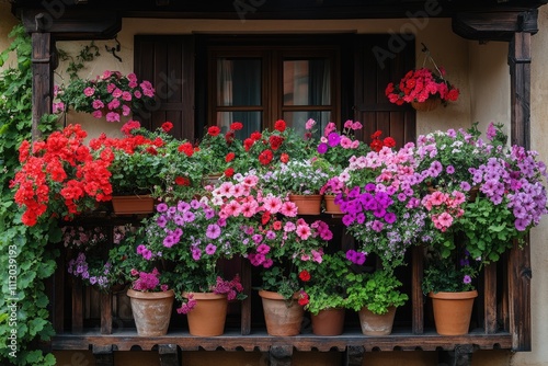 Colorful petunia flowers decorating a balcony in full bloom