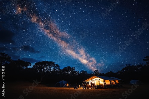 Campers enjoying night sky and milky way galaxy over campground