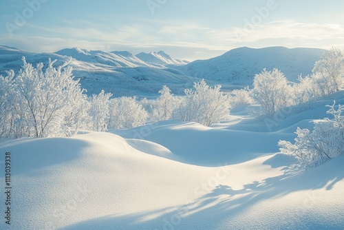 Snow covered hills and frozen trees creating a winter wonderland landscape