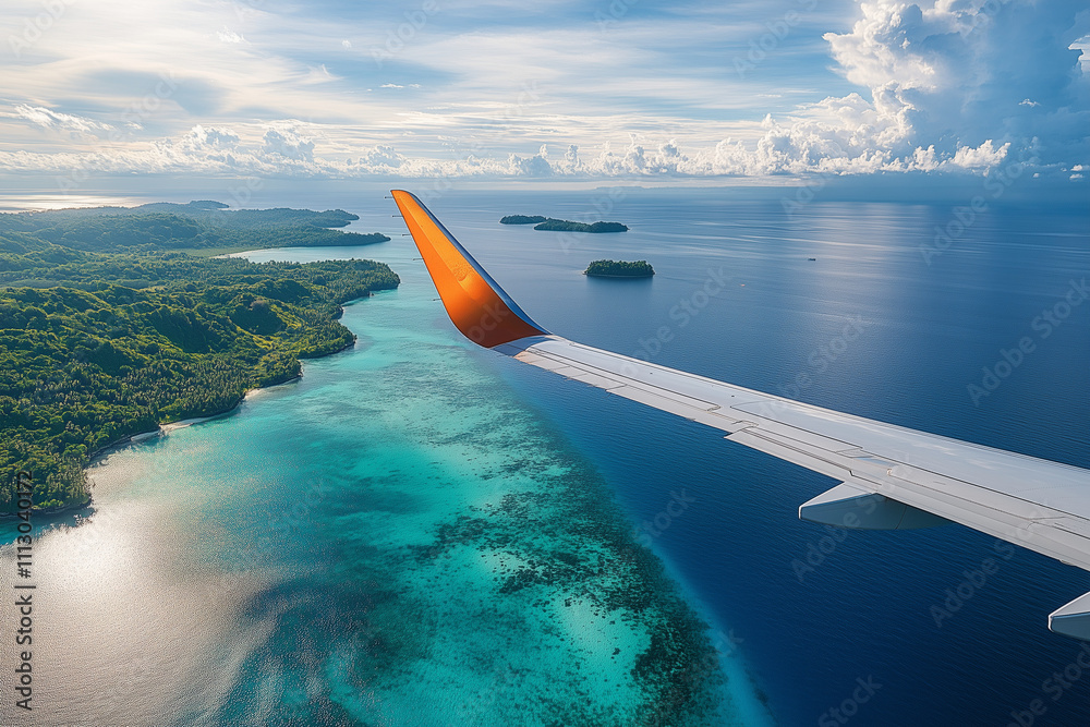 Fototapeta premium The wing of an airplane glides smoothly over crystal-clear blue waters, with sunlight reflecting off the ocean's surface