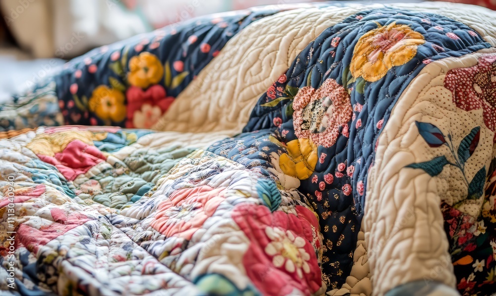 A close-up of a colorful, intricately patterned quilt, showcasing various fabric textures and floral designs, exuding a cozy and handcrafted feel. A close-up of a colorful, intricately patterned quilt, showcasing various fabric textures and floral designs, exuding a cozy and handcrafted feel.