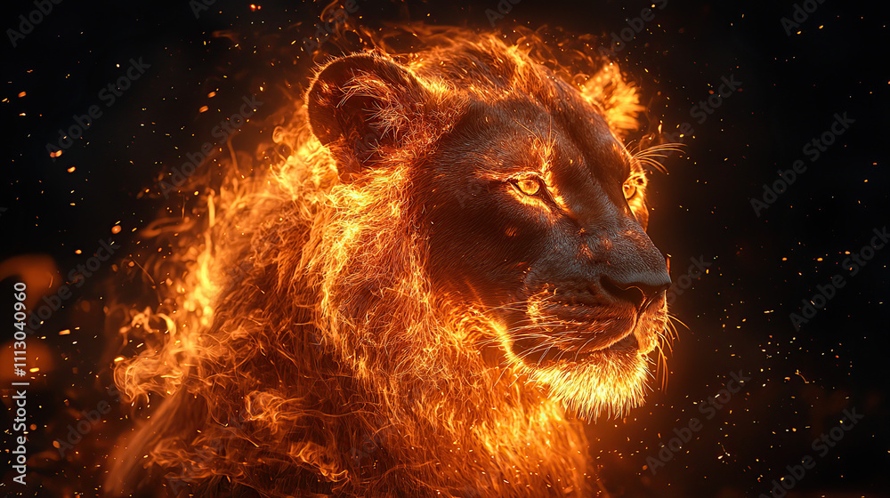 Naklejka premium fire, lion, fierce, majestic, wild, powerful, predator, king, jungle, mane, roar, strength, courage, pride, hunter, beast, savannah, claws, fangs, golden, regal, alpha, dominant, fearless, protector, 
