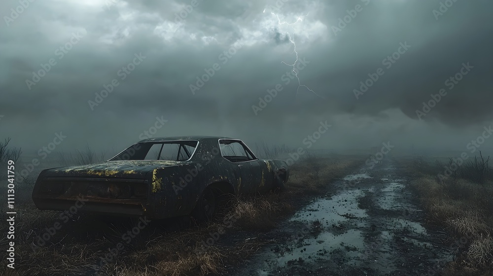 An abandoned car on a desolate country road, surrounded by dense fog and thunderclouds overhead, with an unsettling atmosphere of dread and danger An abandoned car on a desolate country road, surrounded by dense fog and thunderclouds overhead, with an unsettling atmosphere of dread and danger