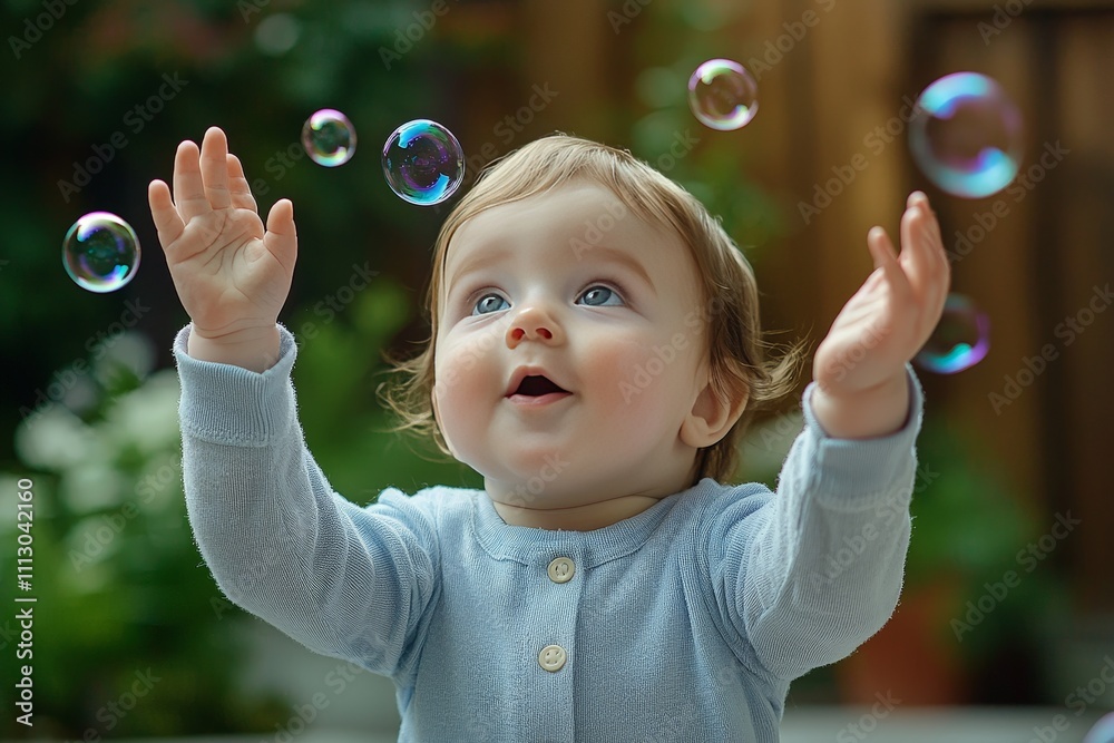 Curious Baby Reaching Out for Floating Soap Bubbles in a Vibrant Outdoor Setting, Capturing Innocent Joy and Wonder of Early Childhood Exploration Curious Baby Reaching Out for Floating Soap Bubbles in a Vibrant Outdoor Setting, Capturing Innocent Joy and Wonder of Early Childhood Exploration
