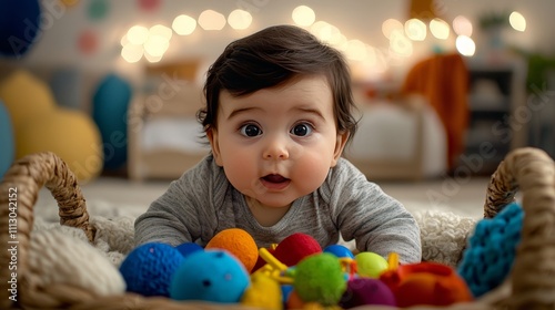 Curious Baby Exploring a Basket Full of Bright Colorful Toys in a Cozy and Playful Room Setting with a Soft Focus Background