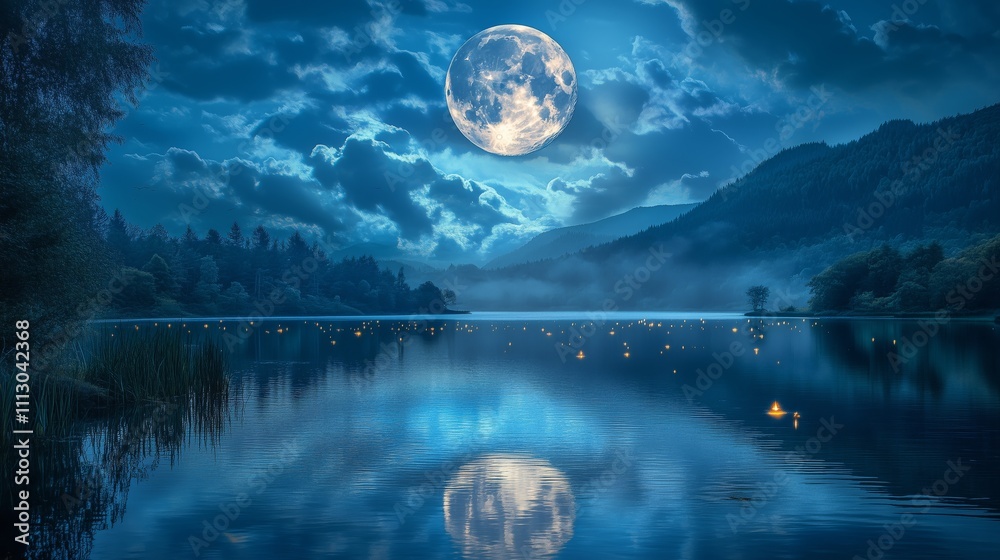 A super full moon bathes the landscape in silver, reflected on a tranquil lake as fireflies dance.
