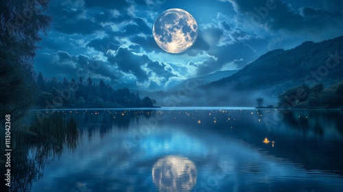 Obraz na płótnie A super full moon bathes the landscape in silver, reflected on a tranquil lake as fireflies dance. w salonie