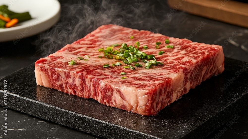 A raw piece of marbled beef on a stone plate, garnished with chopped green onions. A raw piece of marbled beef on a stone plate, garnished with chopped green onions.