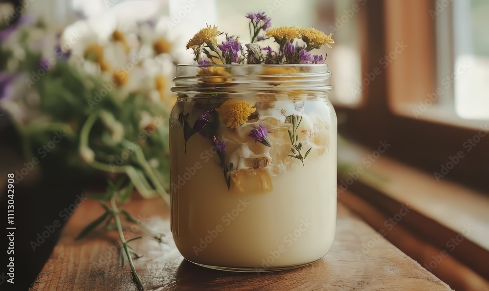 A detailed shot of a handpoured mason jar candle made with a blend of locally sourced beeswax and handpicked wildflowers providing a lovely natural scent and soft glow.