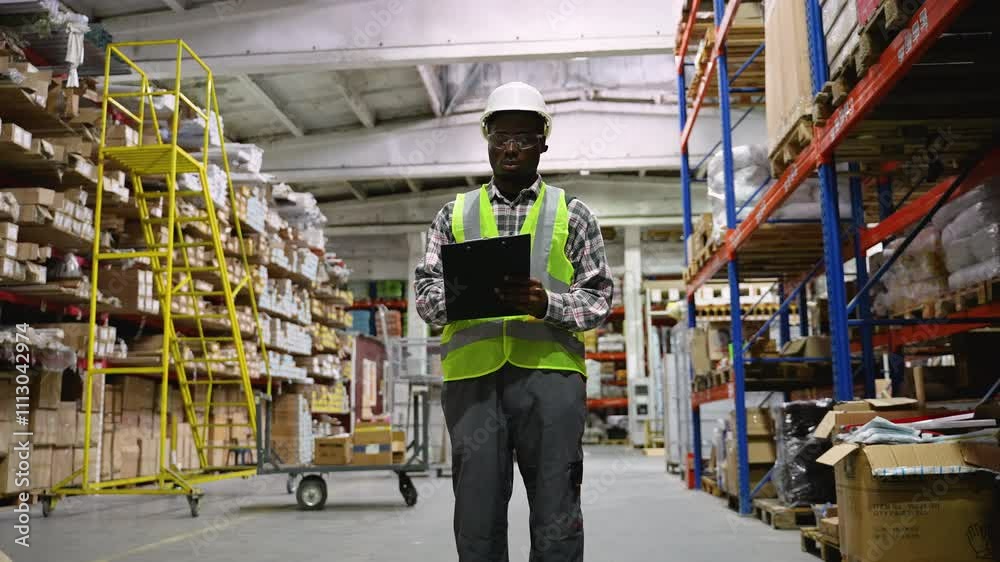 African American Warehouse Worker Inspecting Inventory with Clipboard African American Warehouse Worker Inspecting Inventory with Clipboard