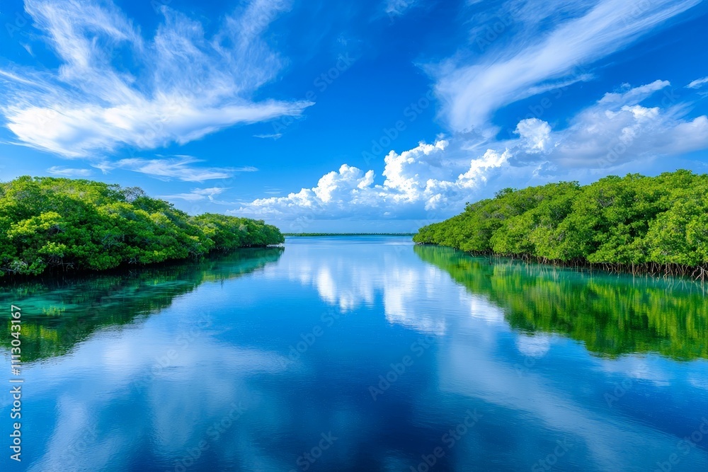 Serene Tropical Lagoon Surrounded by Lush Mangroves Under a Bright Blue Sky with Fluffy White Clouds Reflecting on the Calm Water Surface Serene Tropical Lagoon Surrounded by Lush Mangroves Under a Bright Blue Sky with Fluffy White Clouds Reflecting on the Calm Water Surface
