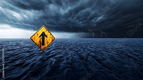 An old, worn road sign bending under howling winds, with an electrified sky, dark and stormy, filled with a heavy, chaotic energy as the storm nears