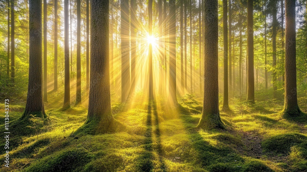 Obraz premium A sunlit forest scene with rays of light filtering through trees, creating a serene atmosphere.
