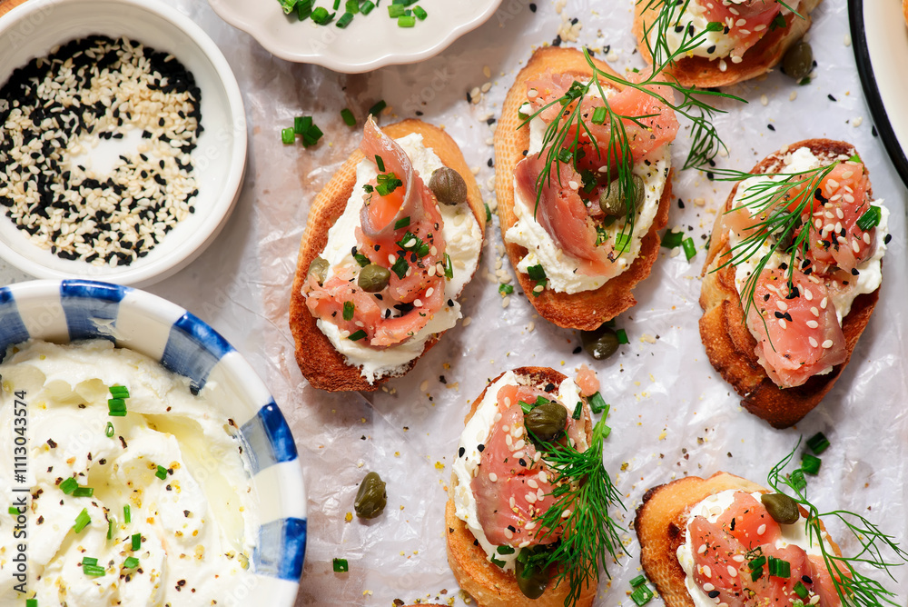 Baguette Crostini with Cream Cheese and Pink Pacific Salmon..style hugge Baguette Crostini with Cream Cheese and Pink Pacific Salmon..style hugge