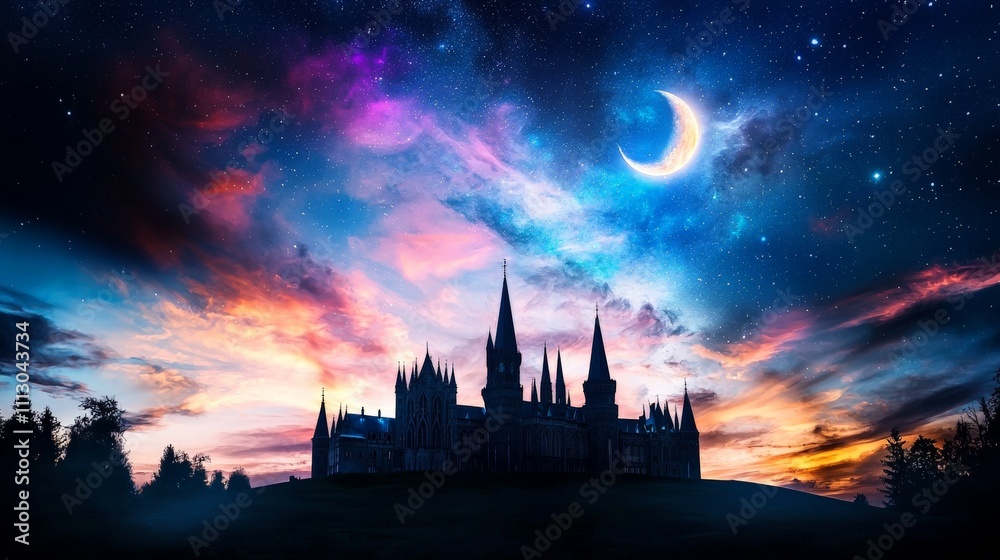 Naklejka premium Silhouette of a Historic Castle Outlined Against a Colorful Sunset Sky with Stars and a Crescent Moon Illuminating the Night