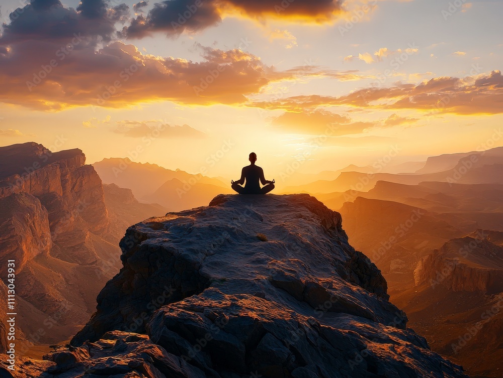 Fototapeta premium Serenity in Nature: A Stunning Silhouette of a Person Meditating on a Majestic Mountaintop at Sunset, with Breathtaking Scenery and Calm Vibes