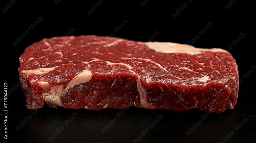 A raw piece of marbled beef steak on a black background, showcasing its texture and color. A raw piece of marbled beef steak on a black background, showcasing its texture and color.