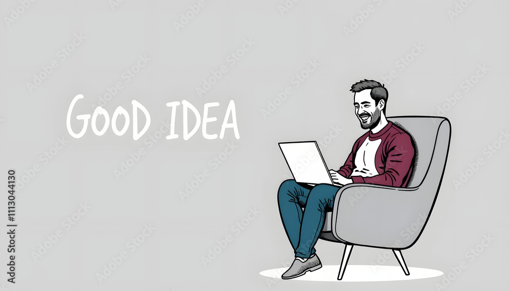 Good idea equals happy with man using a laptop in a modern gray chair isolated with white highlights, png Good idea equals happy with man using a laptop in a modern gray chair isolated with white highlights, png