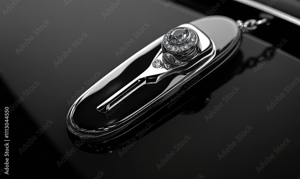A closeup of a key fob for a luxury car with a shiny chrome finish and a small diamond embedded in the top. A closeup of a key fob for a luxury car with a shiny chrome finish and a small diamond embedded in the top.