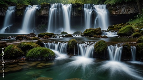 Cascading waterfall flowing over mossy rocks in a lush forest.