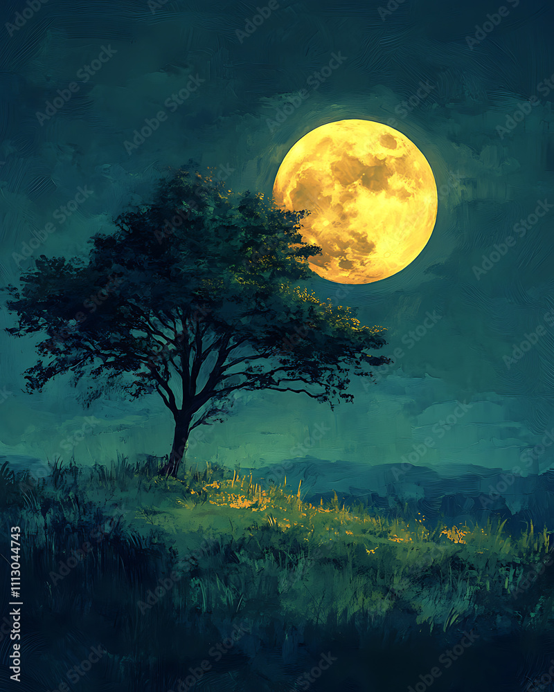Naklejka premium Solitary Tree Underneath a Giant Yellow Moon at Night: A Serene Night Landscape Painting