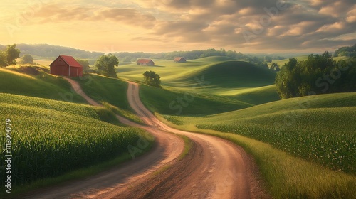 Rolling Hills Farmland Scenic Sunrise Country Road