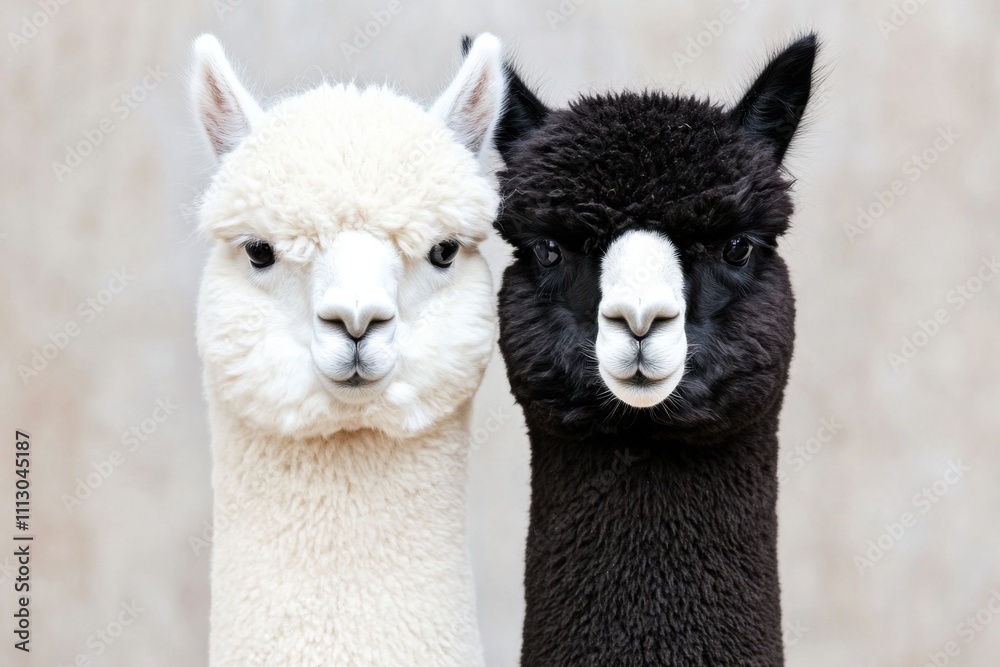 Obraz premium White and black alpacas resting in a harmonious yin-yang formation on a soothing gray backdrop