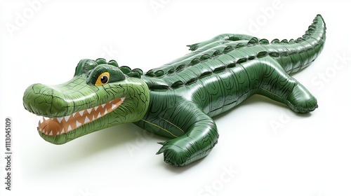 Inflatable green crocodile pool float with realistic design and bright colors, ideal for fun, relaxation, and aquatic adventures, Generative AI photo