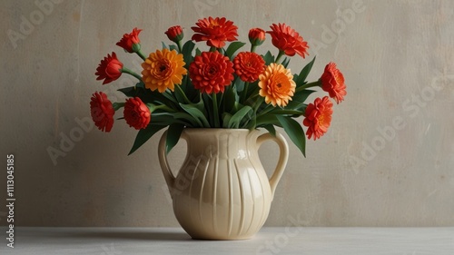 Wallpaper Mural A bouquet of vibrant orange and red flowers arranged in a cream-colored vase. Torontodigital.ca