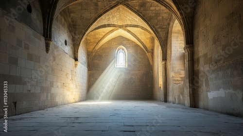 Medieval chapel interior with sunlight streaming through arched windows, symbolizing spirituality, history, and architectural beauty, Generative AI