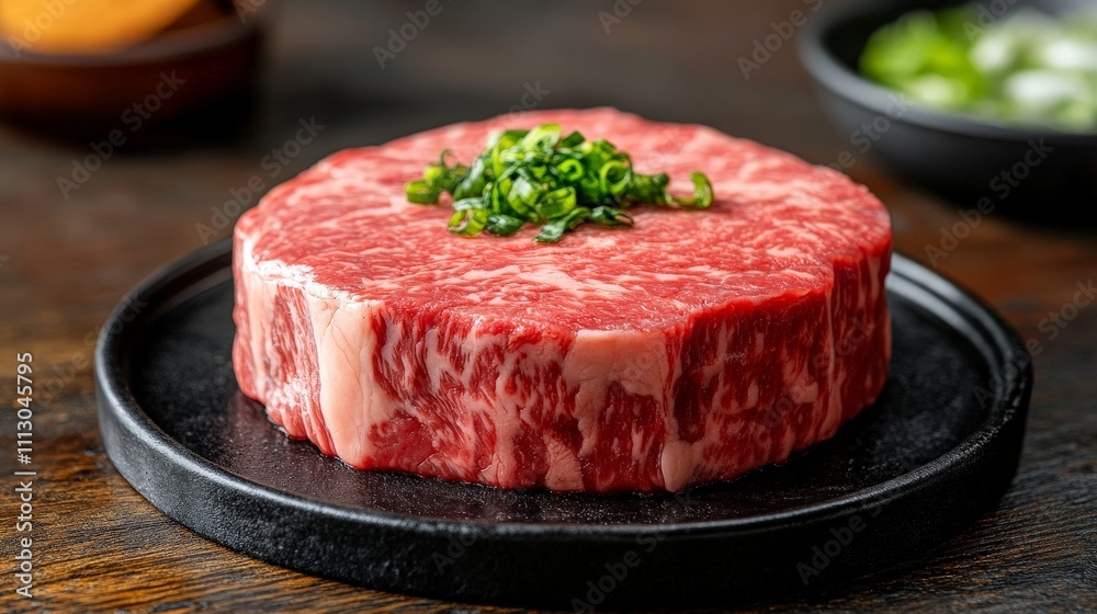 A raw piece of marbled beef topped with chopped green onions on a black plate. A raw piece of marbled beef topped with chopped green onions on a black plate.
