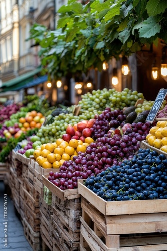 Fototapeta Naklejka Na Ścianę i Meble -  Colorful fruits including oranges, apples, and lemons are neatly arranged in display boxes at a lively market, highlighting the freshness of produce.