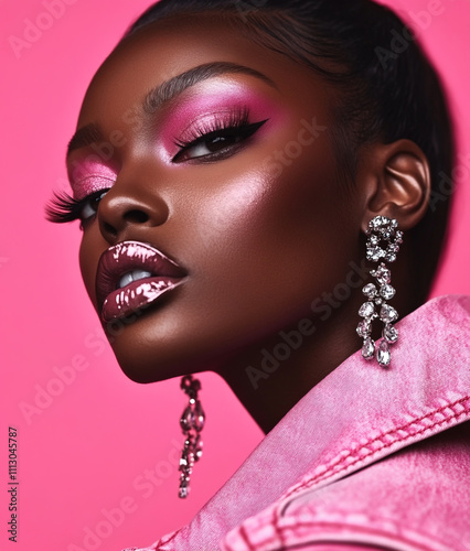 Portrait of beautiful young black woman with bright pink make-up and earrings photo